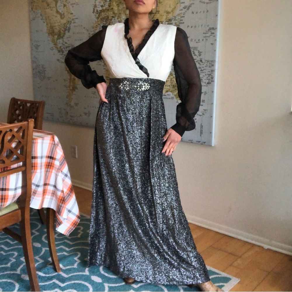 Vintage Glam Goth Shimmer Sheer Sleeves Maxi Dress